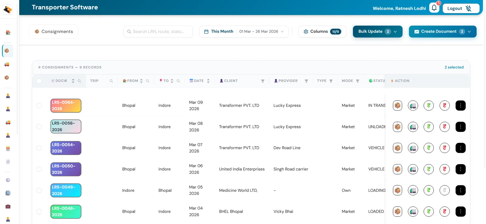Bilty and LR software: consignment register listing LR numbers, route, client, vehicle provider and status with bulk document creation