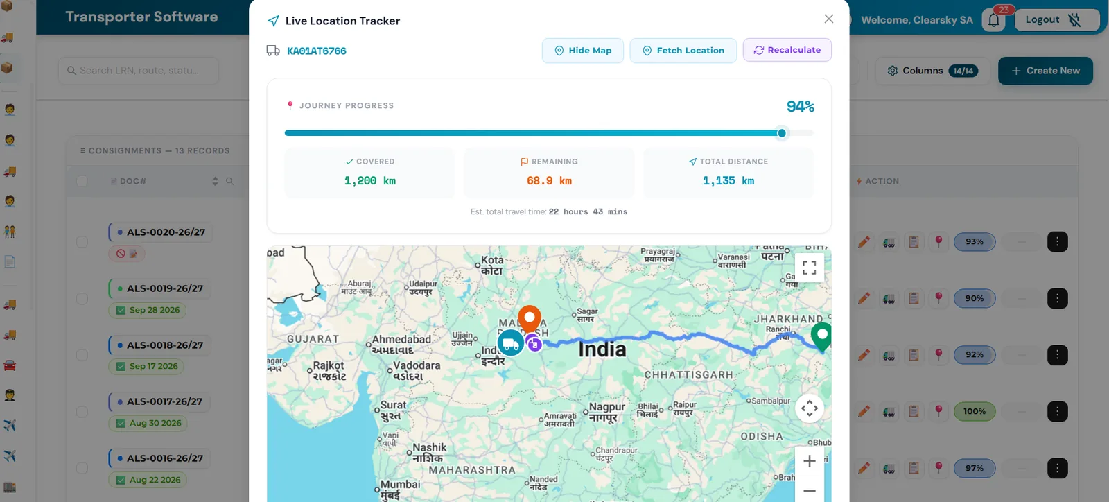 FASTag truck tracking showing journey progress 94 percent, distance covered and remaining, estimated travel time and the live route plotted across India